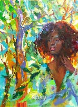 Black Nymph Original Oil Painting, Forest Beauty Portrait African American Art