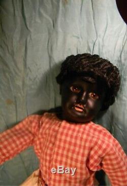 Black Painted Bisque, Glass Eyes, Curly Wool Wig, As Found