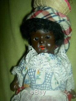 Darling antique BLACK bisque, sgnd P 17/Oa Germany jtd. Doll withbrown glass eyes