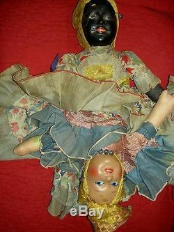 Extremely RARE black/white compo. 1930 Topsy-Turvy TWO-sided LARGE boudoir doll