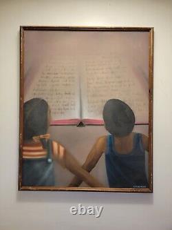 Fine Vintage KAMAL MATEEN AFRICAN AMERICAN Oil on Canvas Black Children Reading
