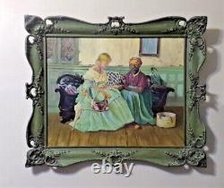 Frame Painting Victorian Woman Parasol Black Americana Palm Reading Fortune Tell