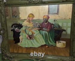 Frame Painting Victorian Woman Parasol Black Americana Palm Reading Fortune Tell
