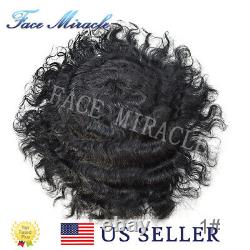 Full PU Afro Toupee Curly Wave Hair Units for Black Men African American Man Wig