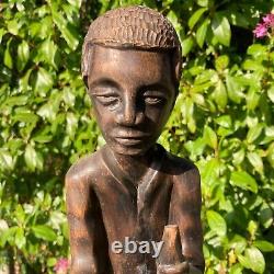 Large 1907 African American Haitian Black Man Wood Sculpture Signed