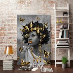 Large African American Gold Wall Art Black Pretty Lady with Butterfly Abstract A
