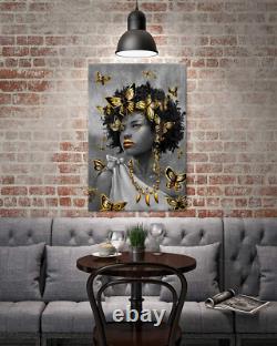 Large African American Gold Wall Art Black Pretty Lady with Butterfly Abstract A