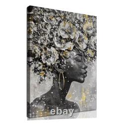 Large Gold Flowers Painting for Office African American Black Woman Portraits
