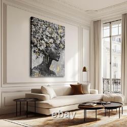 Large Gold Flowers Painting for Office African American Black Woman Portraits