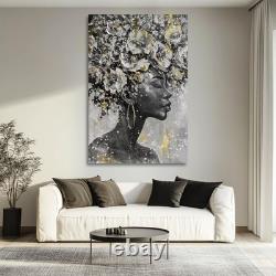 Large Gold Flowers Painting for Office African American Black Woman Portraits