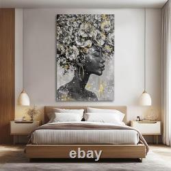 Large Gold Flowers Painting for Office African American Black Woman Portraits