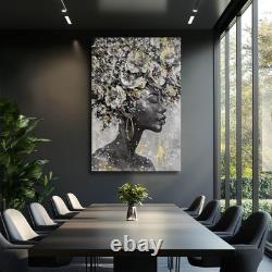 Large Gold Flowers Painting for Office African American Black Woman Portraits