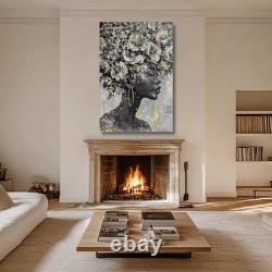 Large Gold Flowers Painting for Office African American Black Woman Portraits