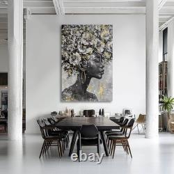Large Gold Flowers Painting for Office African American Black Woman Portraits