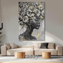 Large Gold Flowers Painting for Office African American Black Woman Portraits