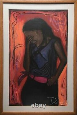 Lg Modernist Expressionist African American Oil Pastel Painting Sad Black Woman