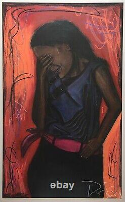 Lg Modernist Expressionist African American Oil Pastel Painting Sad Black Woman