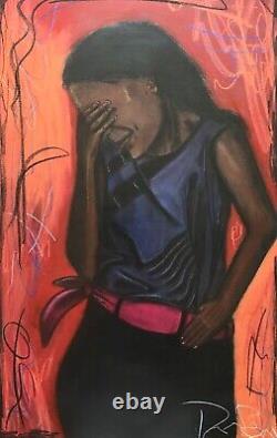 Lg Modernist Expressionist African American Oil Pastel Painting Sad Black Woman