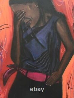 Lg Modernist Expressionist African American Oil Pastel Painting Sad Black Woman