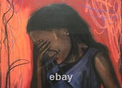Lg Modernist Expressionist African American Oil Pastel Painting Sad Black Woman