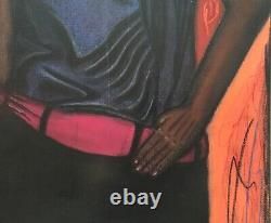 Lg Modernist Expressionist African American Oil Pastel Painting Sad Black Woman