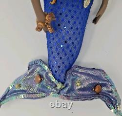 Mermaid Doll Porcelain Black African American In Blue with Seashells Handmade
