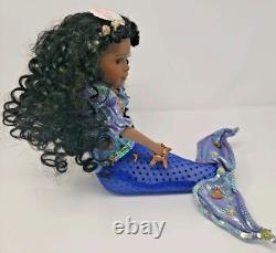 Mermaid Doll Porcelain Black African American In Blue with Seashells Handmade