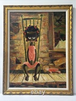 Mid Century Painting Portrait Big Eye Child African American Black Girl Hansen
