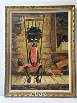Mid Century Painting Portrait Big Eye Child African American Black Girl Hansen