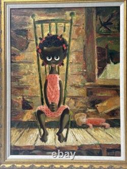 Mid Century Painting Portrait Big Eye Child African American Black Girl Hansen