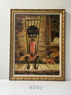 Mid Century Painting Portrait Big Eye Child African American Black Girl Hansen