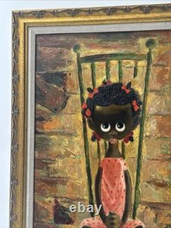 Mid Century Painting Portrait Big Eye Child African American Black Girl Hansen