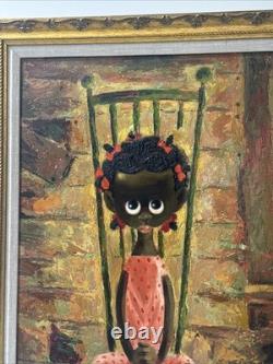 Mid Century Painting Portrait Big Eye Child African American Black Girl Hansen