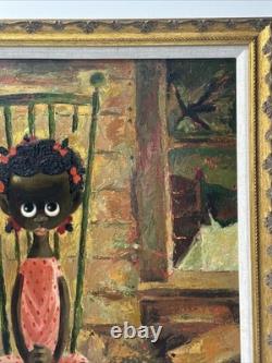 Mid Century Painting Portrait Big Eye Child African American Black Girl Hansen