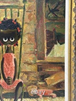Mid Century Painting Portrait Big Eye Child African American Black Girl Hansen
