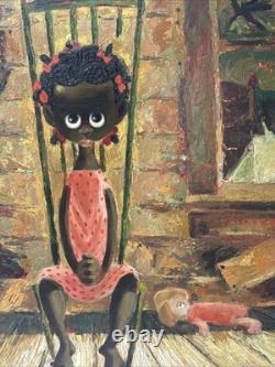 Mid Century Painting Portrait Big Eye Child African American Black Girl Hansen