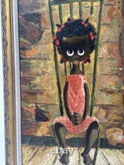 Mid Century Painting Portrait Big Eye Child African American Black Girl Hansen