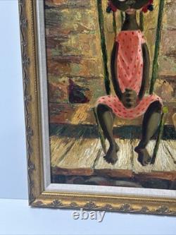 Mid Century Painting Portrait Big Eye Child African American Black Girl Hansen