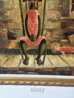 Mid Century Painting Portrait Big Eye Child African American Black Girl Hansen