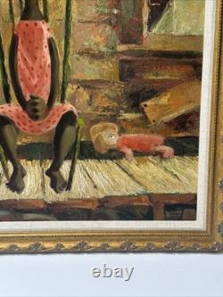 Mid Century Painting Portrait Big Eye Child African American Black Girl Hansen