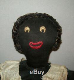 Old Vtg Ca 1930s Folk Art Black Sateen Cloth Rag Doll Antique 18 Tall Wool Hair