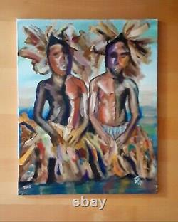 Original African American Painting Black Folk Art Oil Stretched Canvas Frame