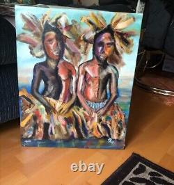 Original African American Painting Black Folk Art Oil Stretched Canvas Frame