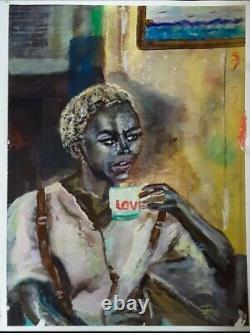 Original African American Painting Oil Black Folk Art Unframed Signed