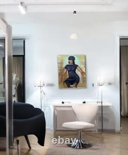 Original Oil On Canvas Painting Stylish African American Black Woman Rare Beauty