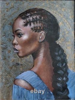 Original Oil Painting African American Black Woman Portrait Braids Art 13x17