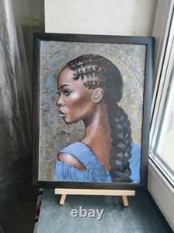 Original Oil Painting African American Black Woman Portrait Braids Art 13x17
