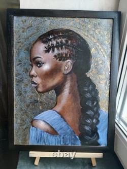 Original Oil Painting African American Black Woman Portrait Braids Art 13x17