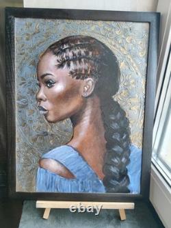 Original Oil Painting African American Black Woman Portrait Braids Art 13x17