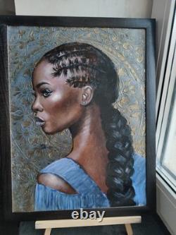 Original Oil Painting African American Black Woman Portrait Braids Art 13x17